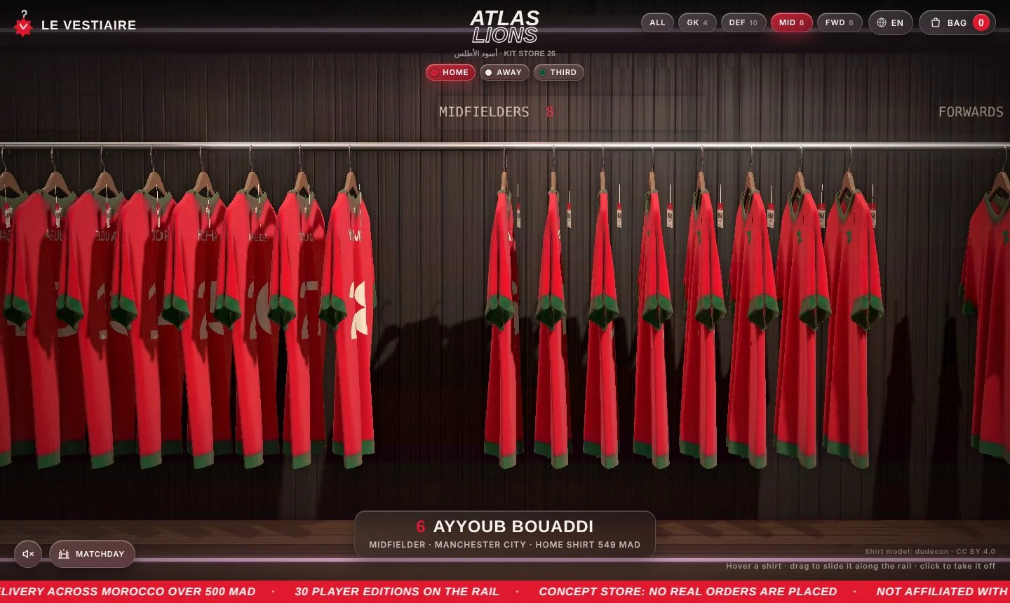 Le Vestiaire: The rail at rest, shirts packed in squad order
